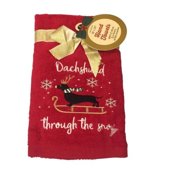 Dachshund Through the Snow Holiday Hand Towels Set of 2 Red Embroidered Dog on S - Picture 1 of 3